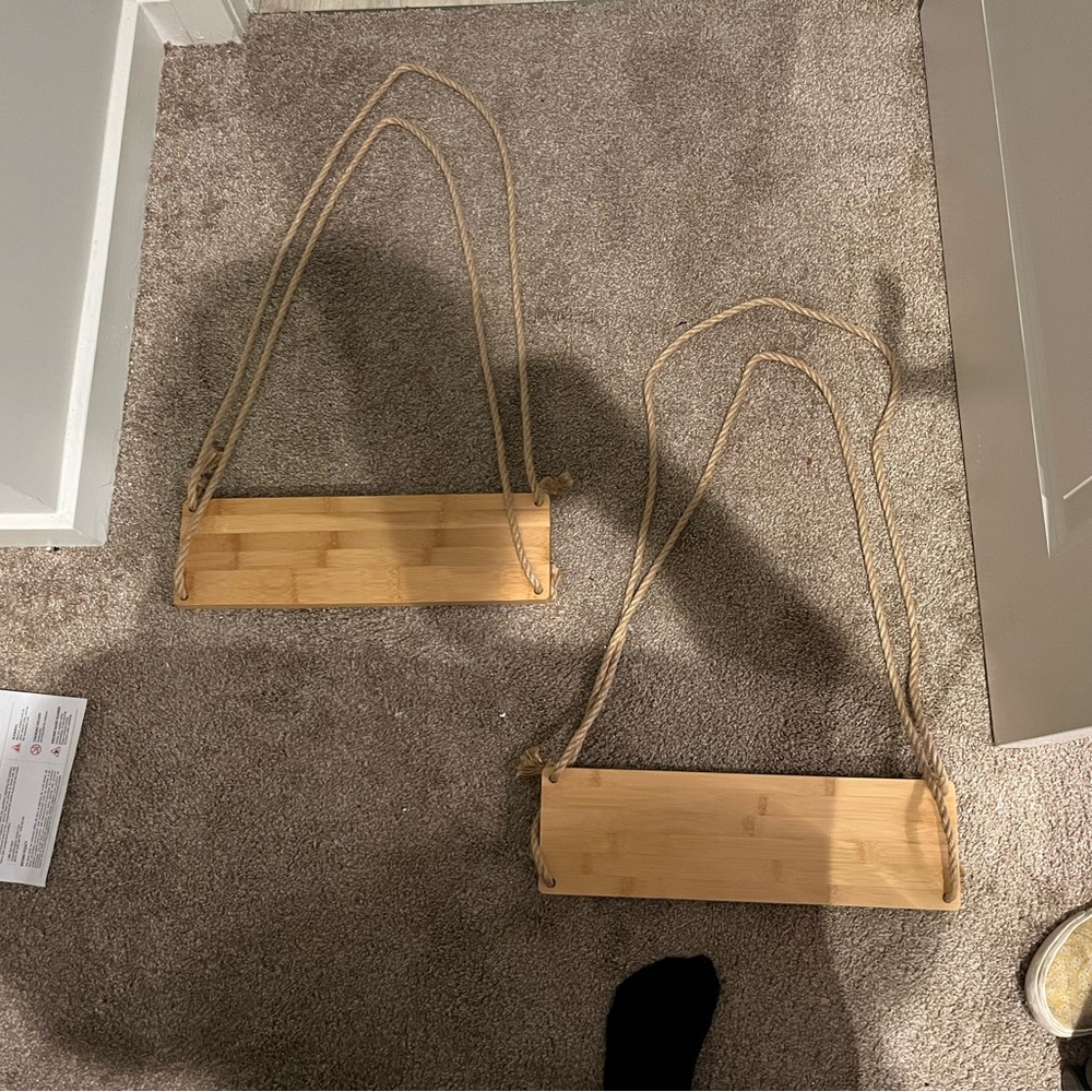 2 rope hanging shelves. Light wash wood
